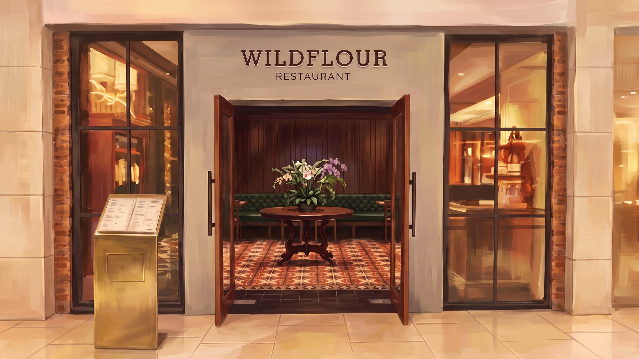 A painting of a Wildflour entrance in a mall: open wooden doors under a sign reading Wildflour Restaurant, a round table with orchids on a tiled floor, and a brass menu stand by the left window.